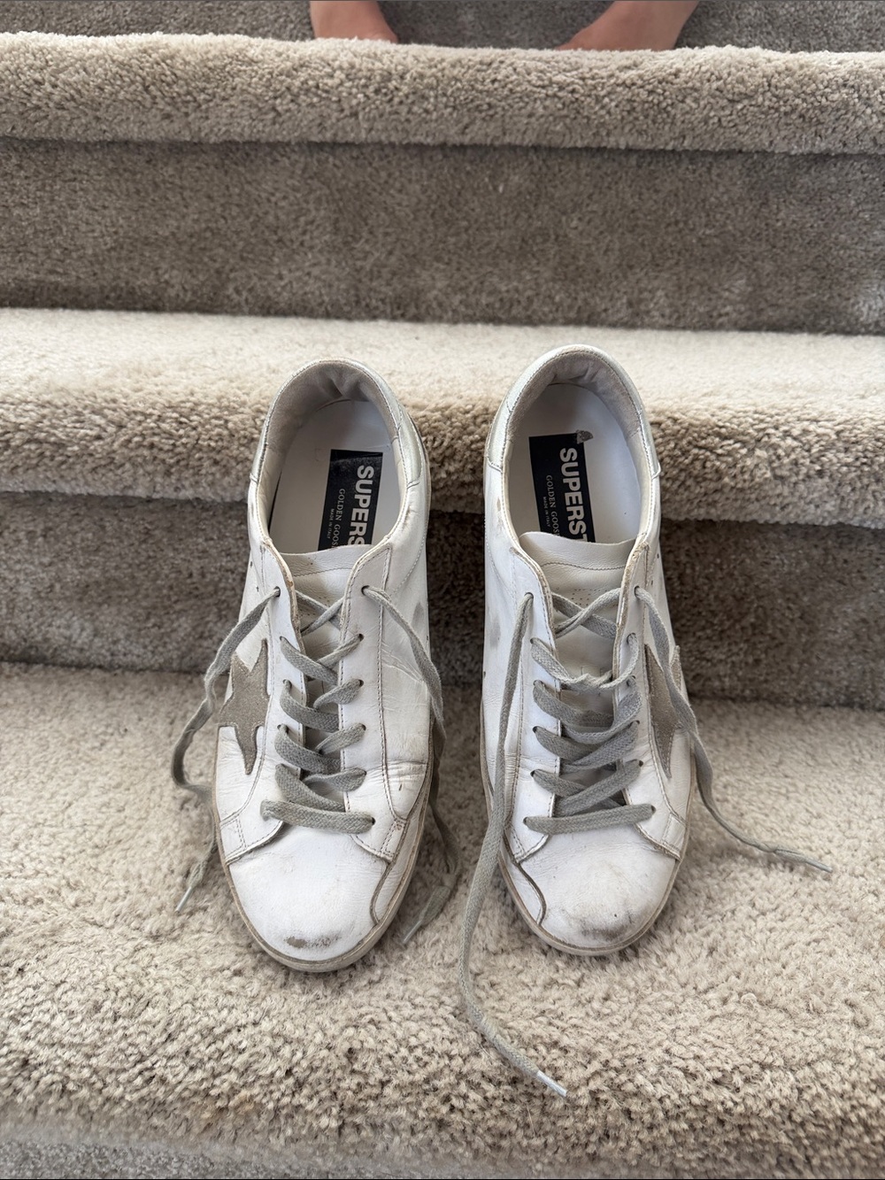 Golden Goose White Leather Sneakers with Gray Star and Laces
